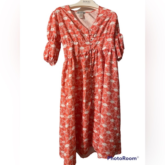 Coastal grandma orange white floral button puff sleeve flowy maxi grandmacore - Picture 2 of 6